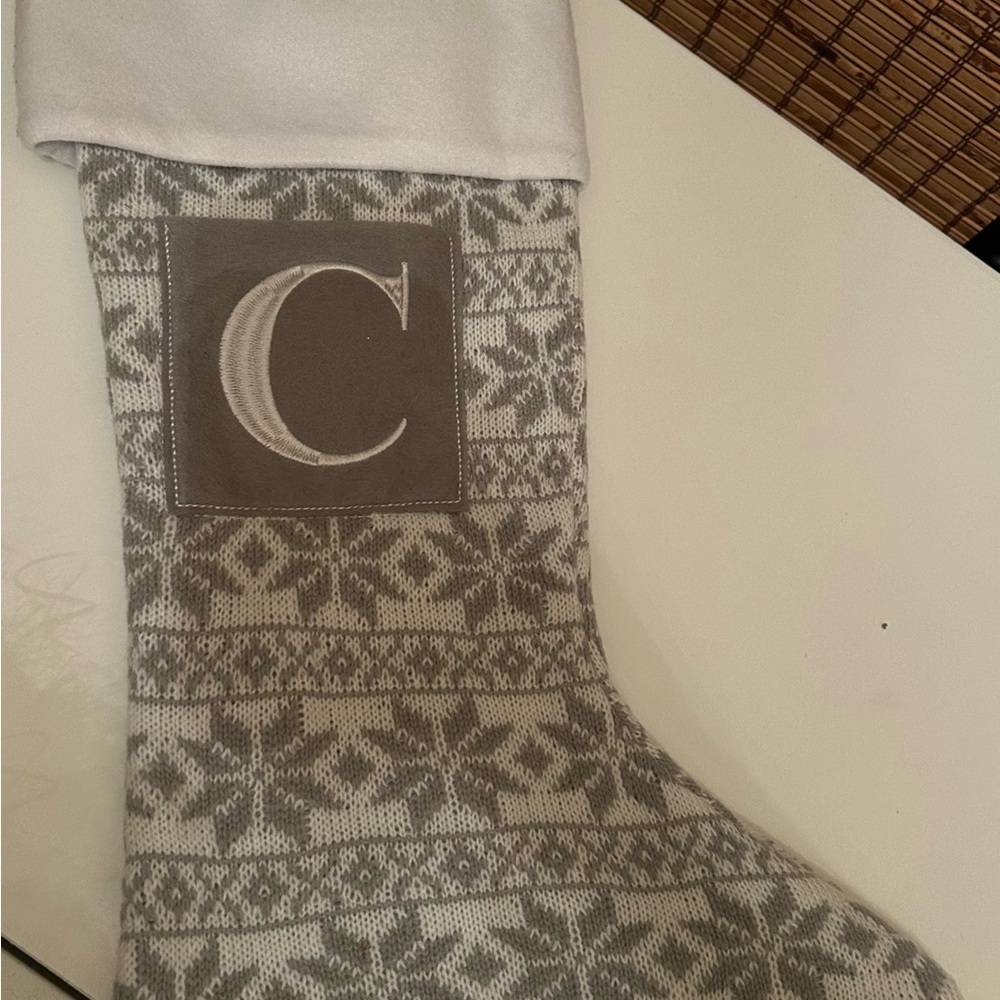 Gray and White Patterned Stocking with Monogram